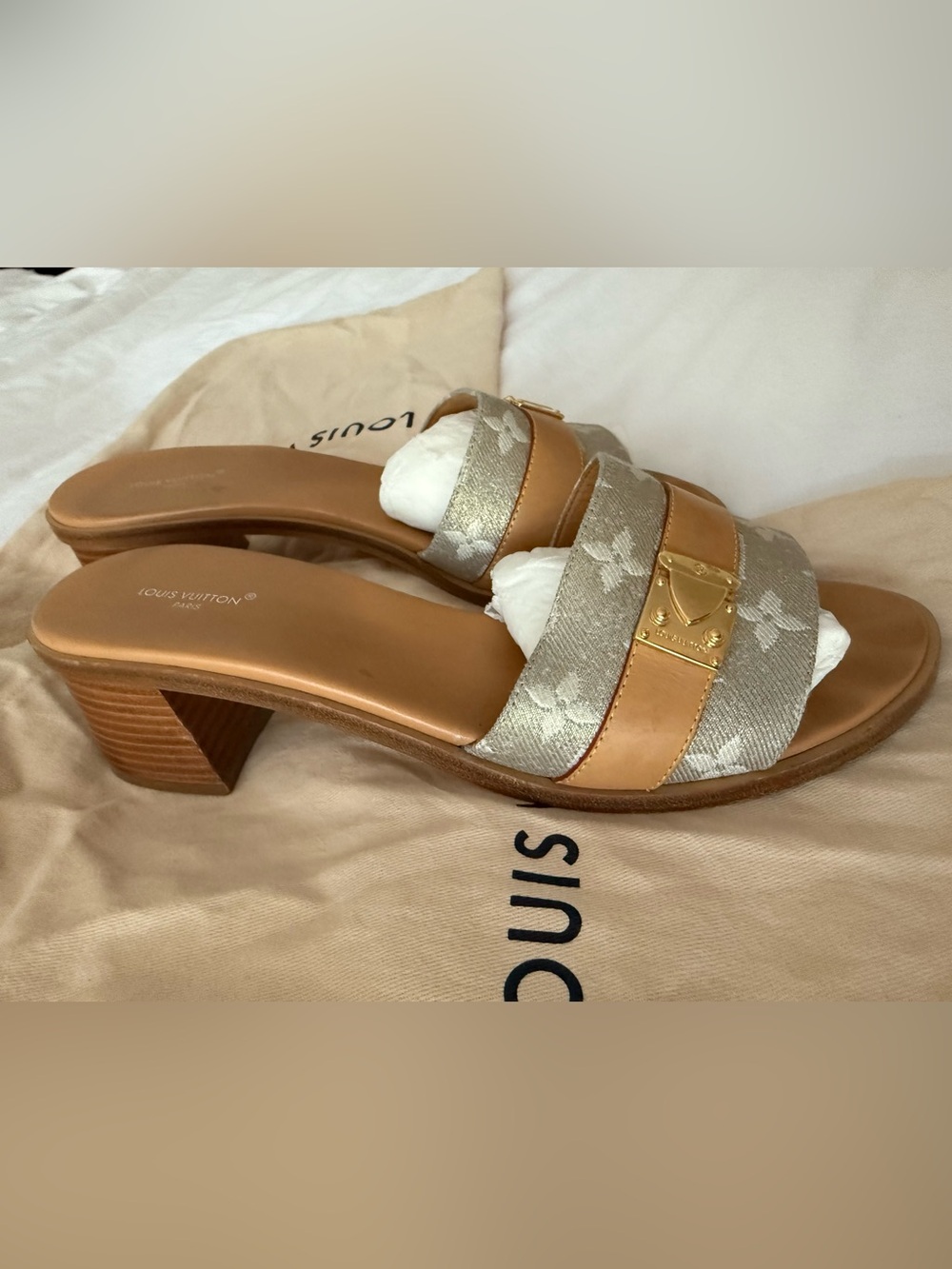 Louis Vuitton Tan Leather & Silver Monogram Slide Mules